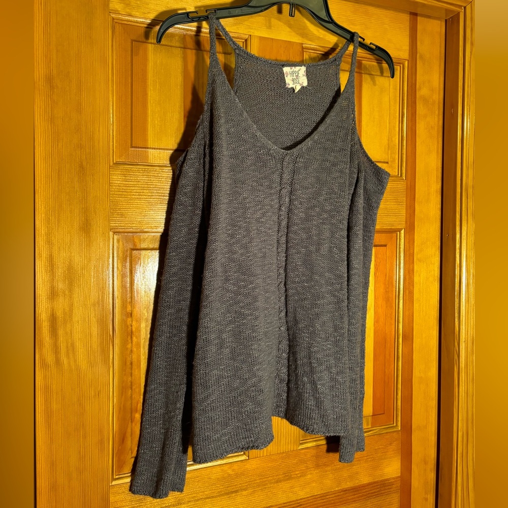Hippie Rose L deep gray, heathered, peekaboo shoulder cableknit sweater